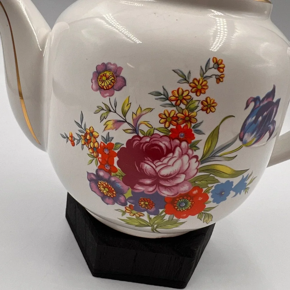 Vtg Porcelain Floral Teapot Gold Trim White Ceramic Tea Pot Multi-Color Flower
